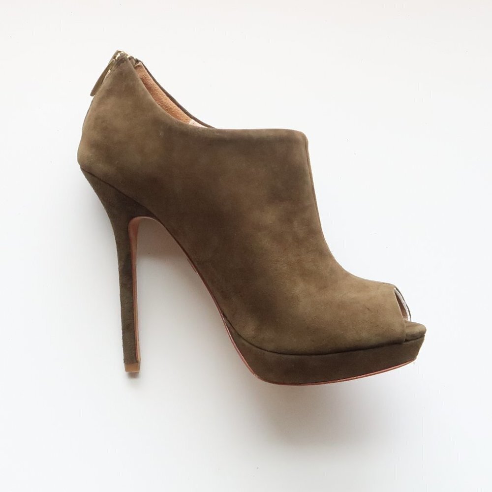 Pour La Victoire Moss Green Suede Leather Peep Toe Stiletto Heel Bootie Shoes 6 - Picture 9 of 15